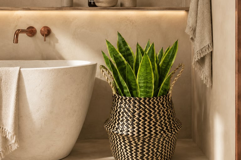 Woven rattan plant basket with snake plant styled in a warm biophilic bathroom with copper accents a