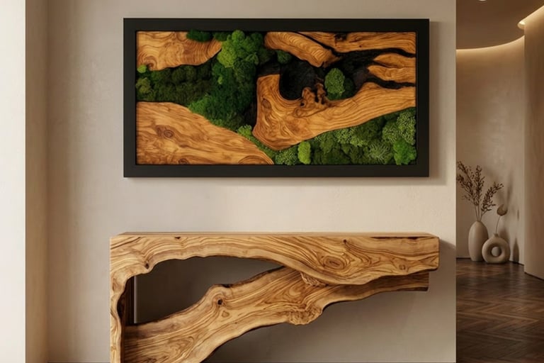 Biophilic olive wood wall art with preserved moss above sculptural olive wood console table in warm 