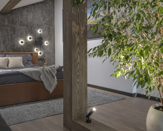 a bedroom with a bed and a couch