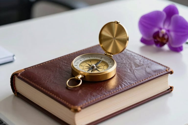 A close-up of a professional desk in a South American office, featuring an old leather-bound book, a golden compass, and a single purple orchid. Soft lighting with purple and gold highlights.