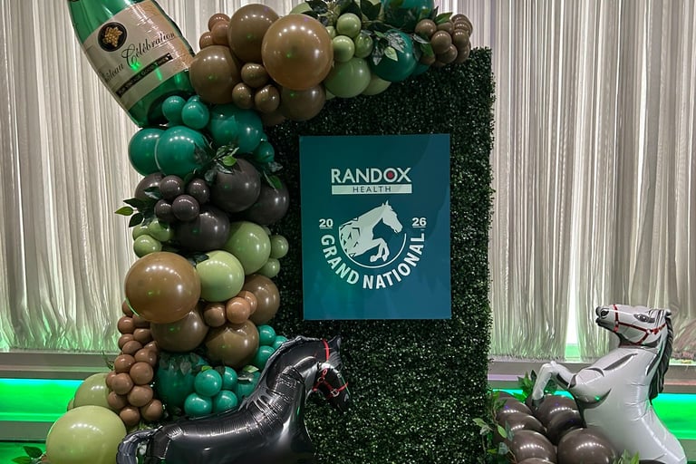 Grand national themed birthday balloon display for children’s party in Liverpool