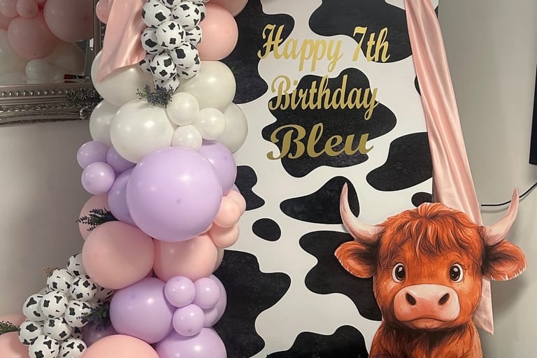 Cow themed birthday balloon display for children’s party in Liverpool
