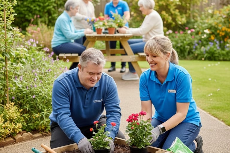 Supported Housing | a man and woman in blue shirts and gloves are gardening | Propakaya Ltd
