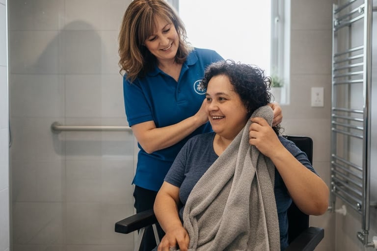 Propakaya Ltd | a woman in a wheelchair with a towel on her head | Supported Housing