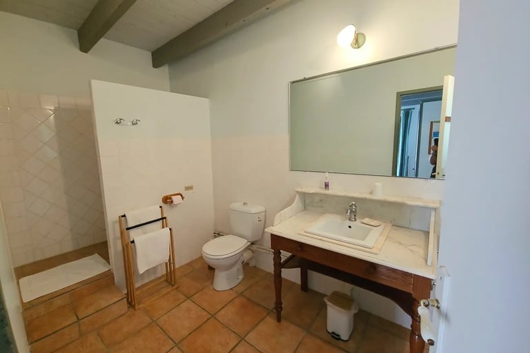 Salle d'eau chambre sauge avec douche à litalienne, toilette et coiffeuse meuble de salle de bain.