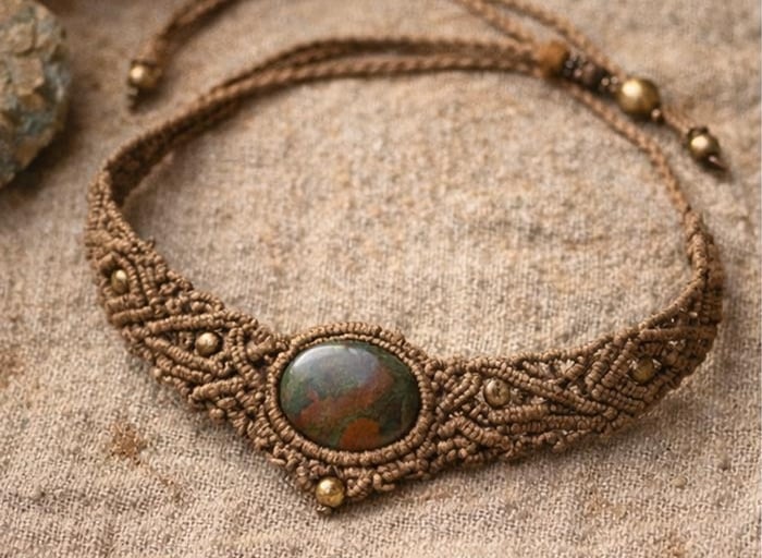 Collar gargantilla boho de macramé hecho a mano con una piedra natural de jaspe
