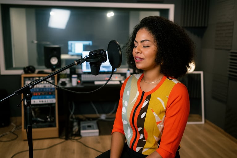 A female vocalist with curly hair singing into a condenser microphone in a professional recording studio.