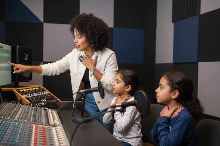 A music teacher and students use a professional audio mixing board in a recording studio.
