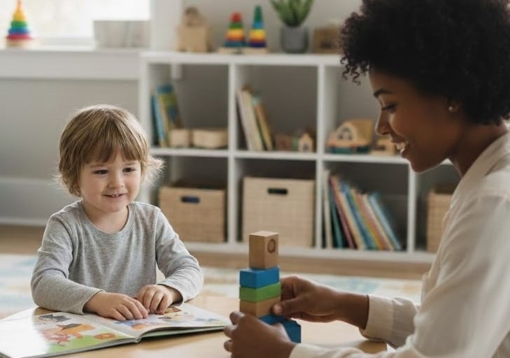 Small boy has autism intervention with professional