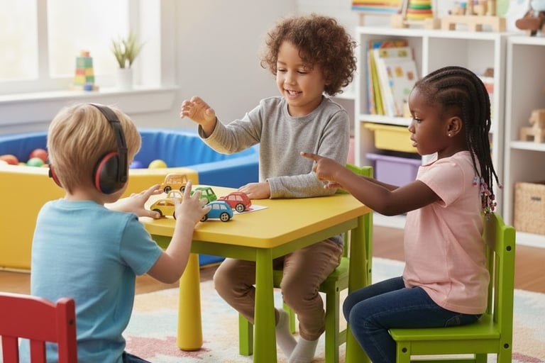 Three, two boys and a girl engaging in a group autism intervension