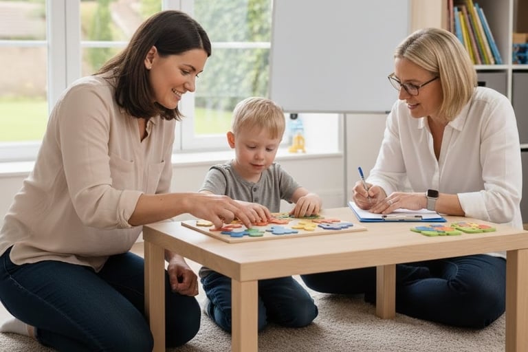 A mother engages in PMT with a professional and a small boy