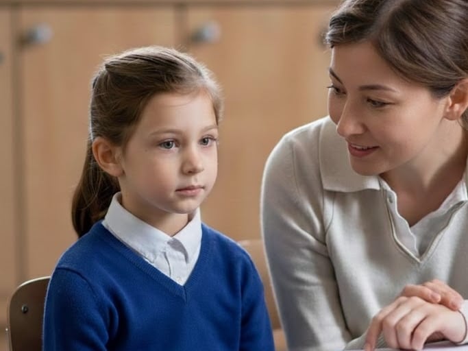 A school girl with selective mutism sits with a teacher at a desk in a classroom.