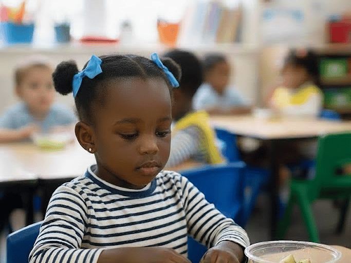 Girl with selective mutism sits in a preschool at snack time.