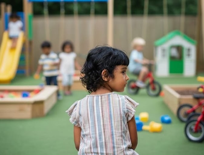 Girl with selective mutism sits alone in a UK preschool garden.