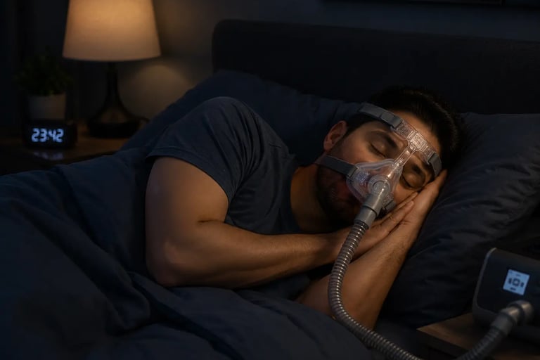 A man sleeping in bed wearing a CPAP mask for sleep apnea therapy.