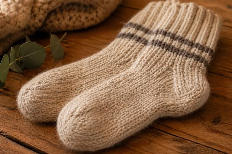 Hand-knit wool socks with stripes on a rustic wooden table with a cozy blanket.