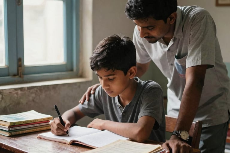 A warm, high-quality photograph of a happy South Asian / Indian middle-class family sitting together in a modern, sunlit living room. The lighting is soft and golden, with orange and light yellow accents in the decor, reflecting a sense of hope and unity.
