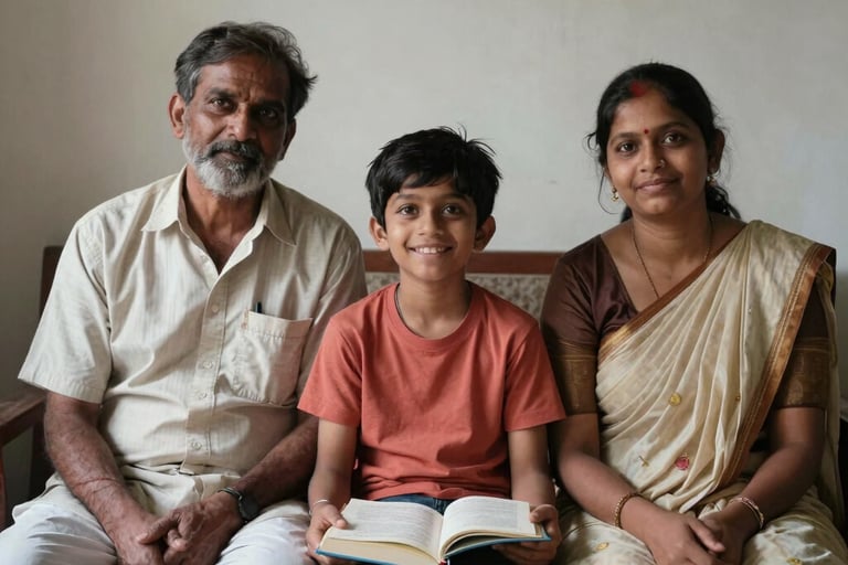 A warm, high-quality photograph of a happy South Asian / Indian middle-class family sitting together in a modern, sunlit living room. The lighting is soft and golden, with orange and light yellow accents in the decor, reflecting a sense of hope and unity.