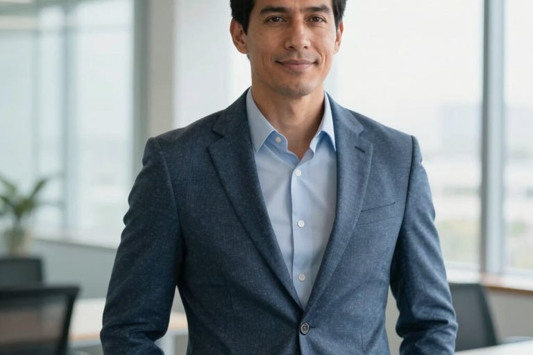 A confident South American male executive in a smart casual outfit, standing in a bright modern office with large windows, looking forward with a slight smile, professional photography.