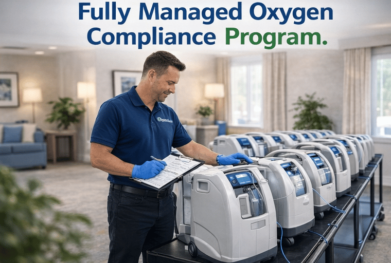 A technician inspecting rows of medical oxygen concentrators for a managed compliance program.