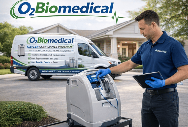 O2Biomedical technician performing oxygen concentrator maintenance at an assisted living facility