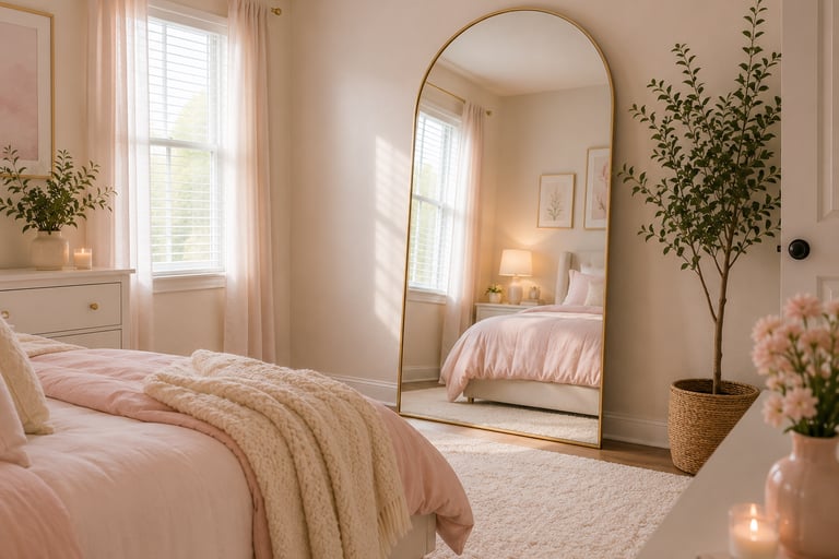 pastel bedroom mirror ideas with large arched mirror reflecting light opposite window