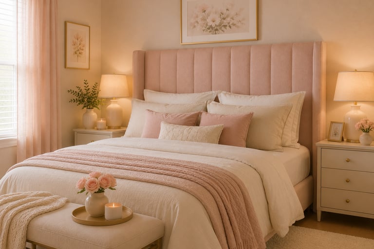 pastel bedroom headboard ideas with tall upholstered blush linen headboard