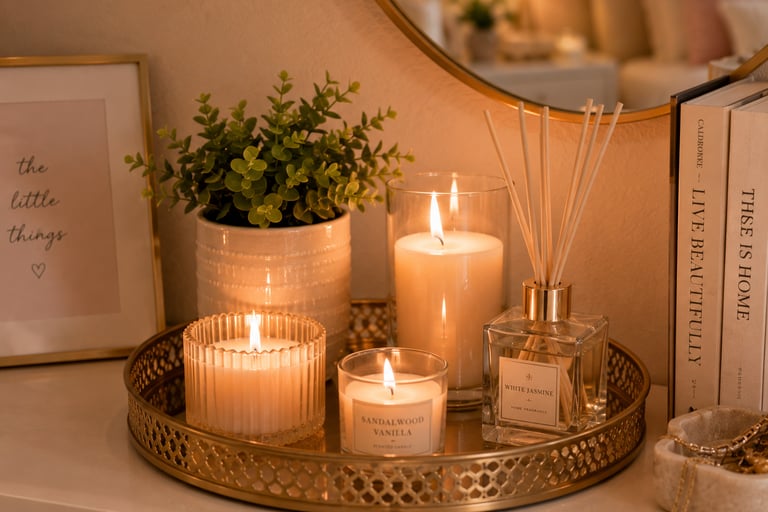 girly bedroom candle decor ideas with cluster styling on tray