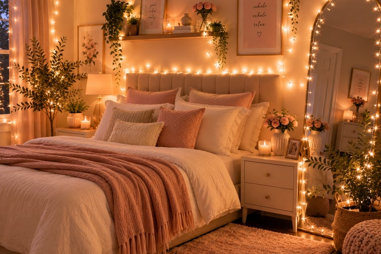 girly bedroom fairy light ideas around mirror and headboard