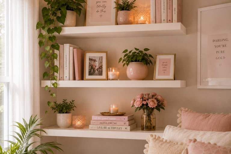 girly bedroom floating shelf ideas with books and decorative objects Caption: Empty space on a shelf