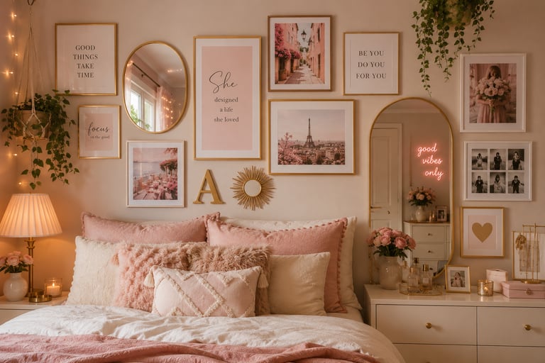 girly bedroom gallery wall ideas with gold frames and art prints