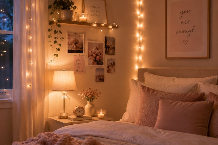 girly bedroom lighting ideas with fairy lights and warm bedside lamp
