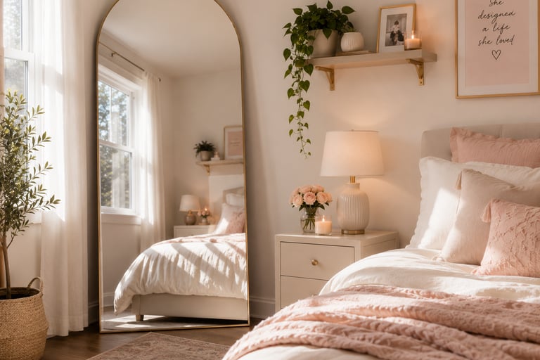 girly bedroom mirror ideas with large arched mirror and natural light