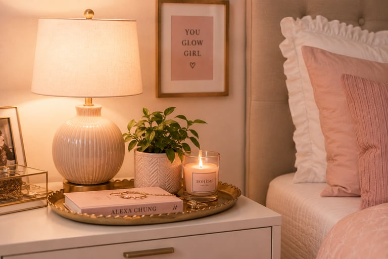 girly bedroom nightstand styling ideas with lamp and decorative tray