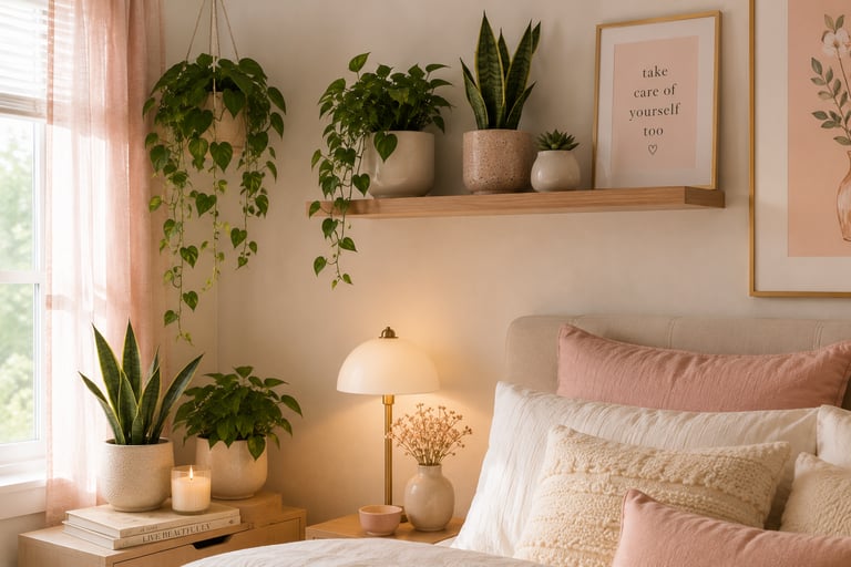 girly bedroom plant ideas with pothos and snake plant on shelves