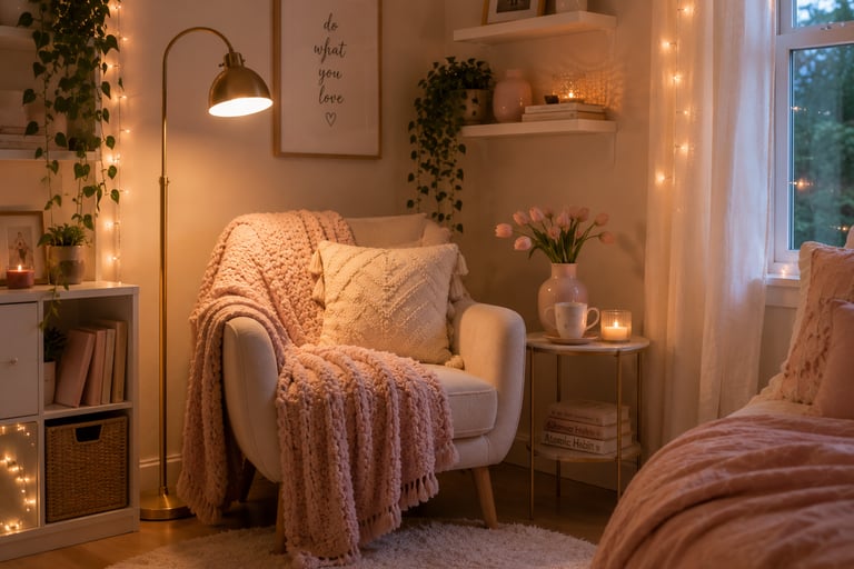 girly bedroom reading corner ideas with armchair and fairy lights