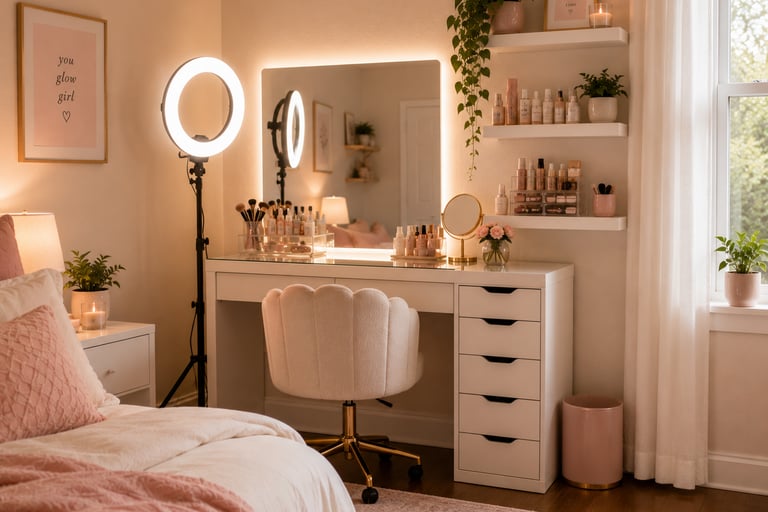 girly bedroom vanity ideas with mirror and organized makeup storage