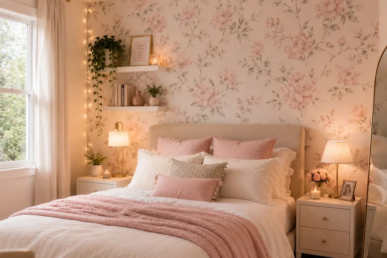 girly bedroom wallpaper ideas with peel and stick floral accent wall