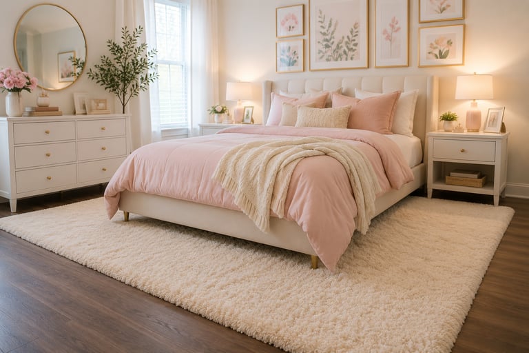 pastel bedroom rug ideas with large cream plush rug extending past bed frame