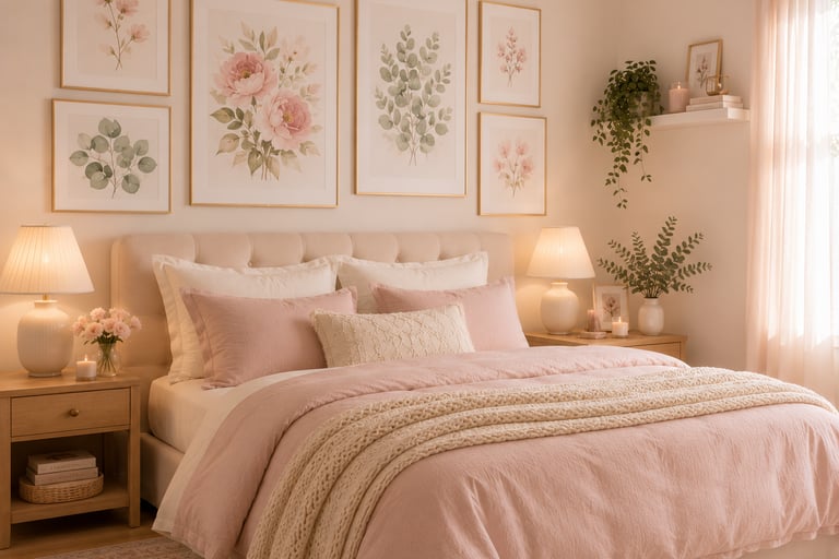 pastel bedroom wall art ideas with watercolor botanical prints in gold frames