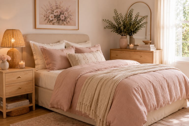 Alt text: pastel bedroom natural wood ideas with birch nightstand rattan lamp and warm linen