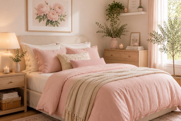 pastel bedroom color mixing ideas with blush pink bedding and sage green plant accents