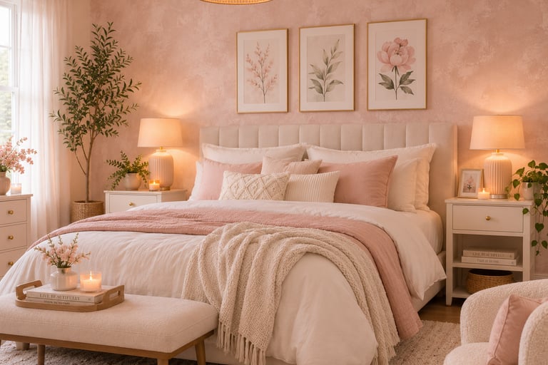 pastel bedroom limewash paint ideas with textured blush wall showing depth in natural light