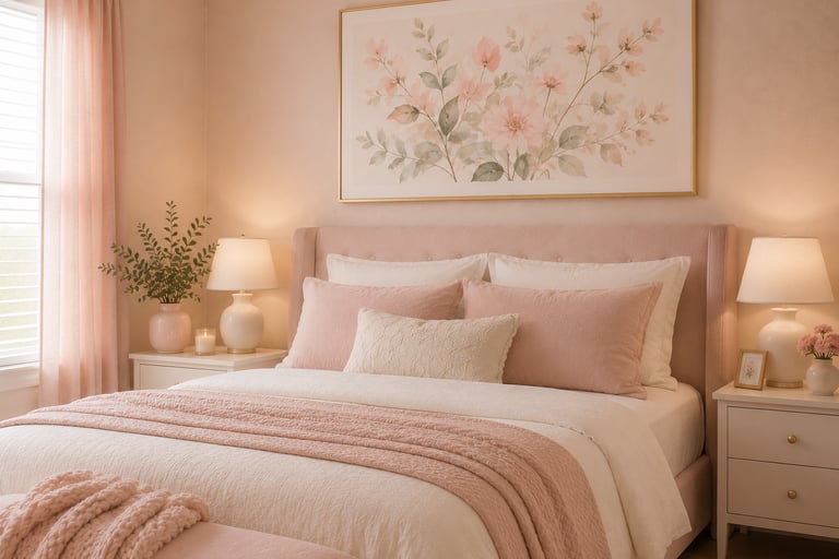pastel bedroom above bed decor ideas with large watercolor botanical print in gold frame