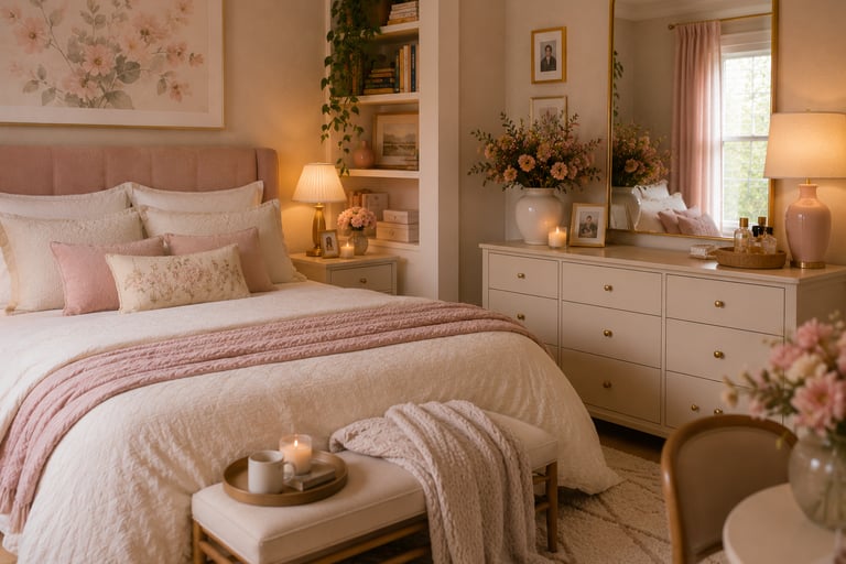 pastel bedroom that has developed over time with personal elements alongside designed choices