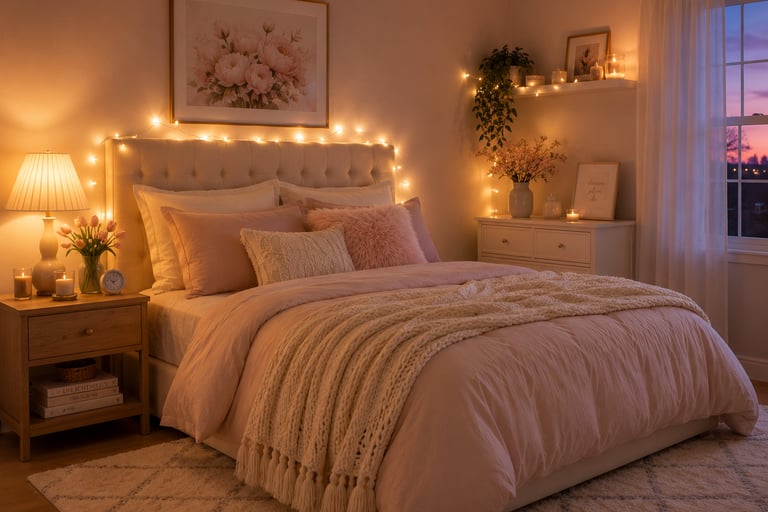 pastel bedroom lighting ideas with warm bedside lamp and fairy lights creating soft evening atmosphe