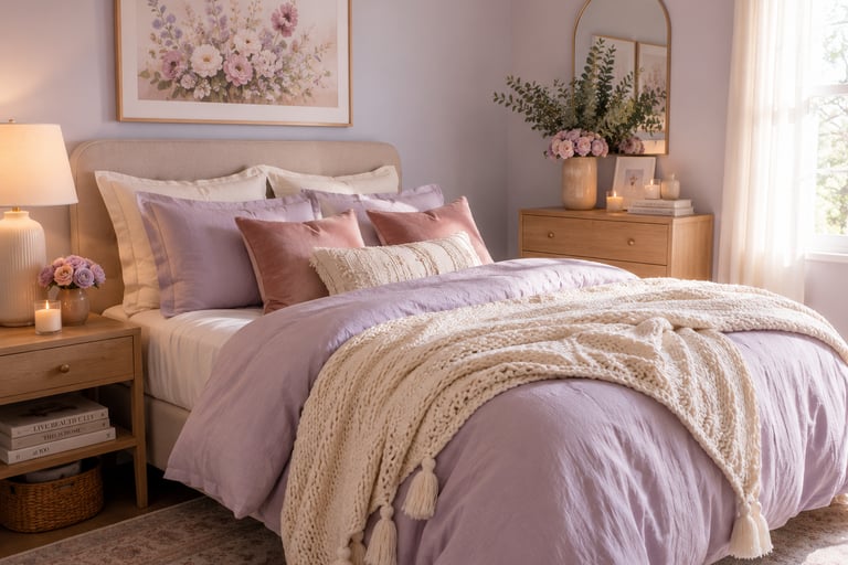 pastel bedroom bedding ideas with lavender linen duvet cream knit throw and velvet pillows