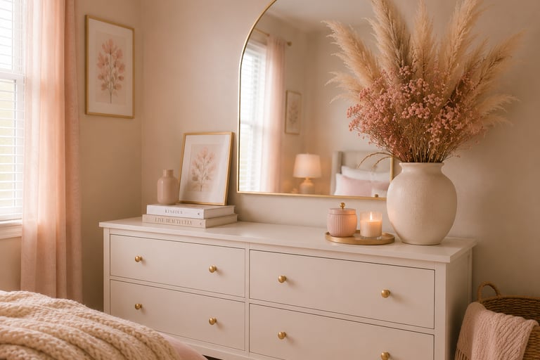 pastel bedroom dried flower ideas with pampas grass and dried pink flowers in ceramic vase