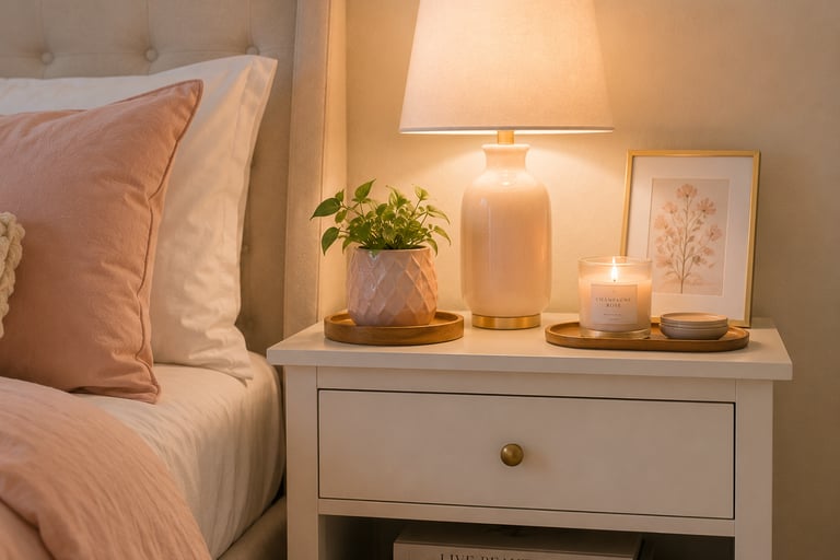 pastel bedroom nightstand styling with lamp plant candle and wooden tray