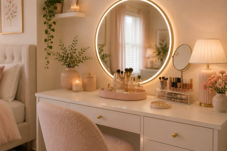 pastel bedroom vanity ideas with round mirror warm lighting and organized pastel accessories